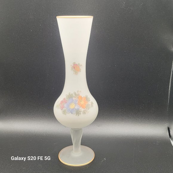 Vintage Footed White Satin Frosted Vase Made In Italy Flower Design 10” - Picture 1 of 11